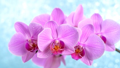 Obraz premium Close-up of Delicate Pink Orchids with Water Droplets on Blue Background