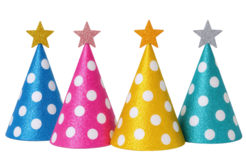 Four Festive Polka Dot Party Hats with Glittery Stars, Celebrating Joyful Occasions and Fun Gatherings