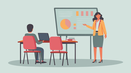Fototapeta premium Woman presenting data on screen to a man working on a laptop in a conference room setting indoors