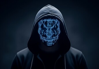 Hacker wearing a skull mask made of binary code