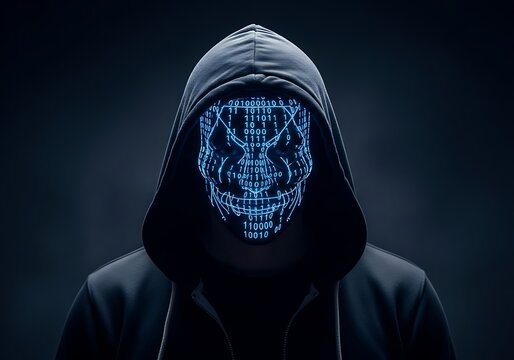 Hacker wearing a skull mask made of binary code