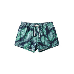 Tropical patterned swim trunks with green leaf design on white background  
