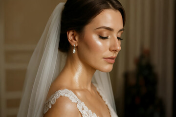 Close-up of a radiant bride in profile with glowing skin, natural makeup, and pearl earring, wearing a lace gown and veil, exuding elegance and serenity.