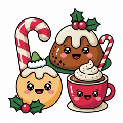 Cute Christmas Sweets and Hot Chocolate Cartoon Set, Festive Candy Cane, Pudding, Holiday Treats, Smiling Kawaii Food Characters Illustration