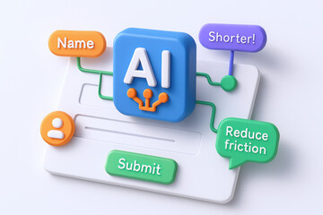 Colorful 3D illustration of an AI input form with elements promoting user-friendly features, focusing on 'shorter' and 'reduce friction'.