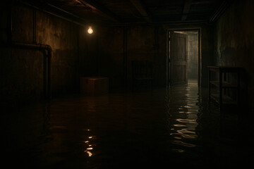Basement floor flooded with water reflecting dim light
