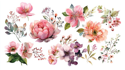 Watercolor illustrations featuring a collection of pink roses and peonies along with garden flowers  sophisticated botanical set of six tropical orchid paintings © BLACK MAN