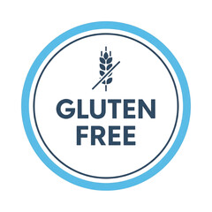 Gluten-free food label vector icon. Blue circular stamp with a no wheat symbol for healthy diet and allergen-free products.