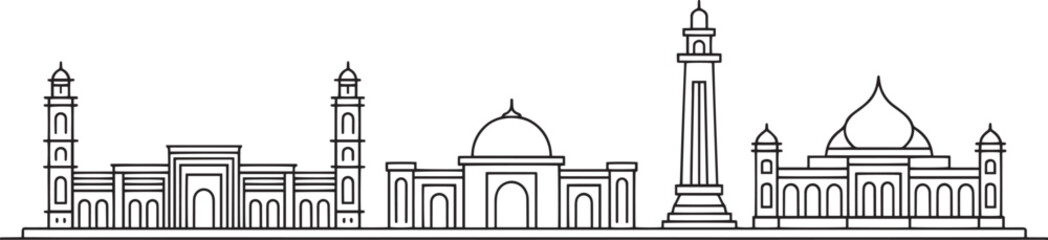 Detailed Line Art of Mosque Skyline Silhouette Vector Illustration on Transparent Backdrop