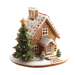 Festive Gingerbread House Surrounded by Christmas Tree and Decorations, Perfect for Holiday Celebrations and Baking Ideas