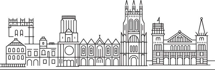 Naklejka premium Detailed Line Art Skyline of a European City with Gothic Architecture and Towering Spires on Transparent