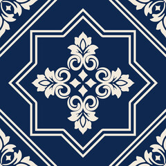 Elegant pattern in shades of blue and white, creating a sophisticated and timeless design. The geometric and floral elements intermingle to generate visual interest and evoke a sense of luxury