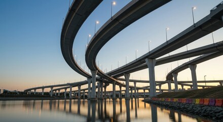 Curving highway overpasses reflect in calm water at sunset with a clear sky