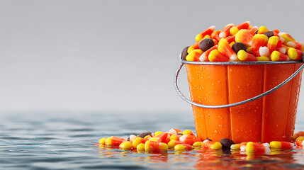 Naklejka premium Halloween orange bucket overflowing with candy corn in water