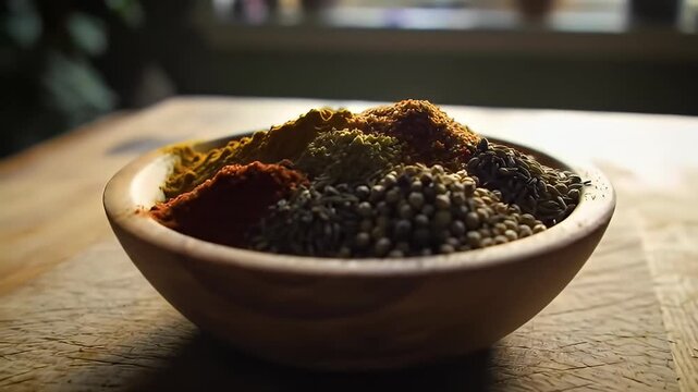 A wooden bowl filled with assorted spices sits on a textured wooden surface