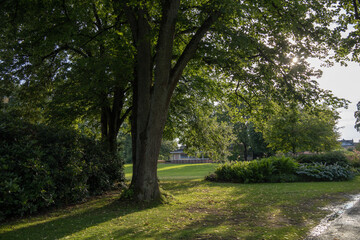 Scenic view of Orebro parks next to the flowing creek surrounded by natural greenery in central Sweden Orebro County