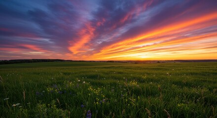 Vibrant sunset paints the sky with fiery orange and purple clouds over a grassy field