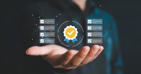 Quality Assurance in Hand: An individual's open palm cradles a graphic representation of quality assurance, symbolizing a dedication to the process and a commitment to excellence.