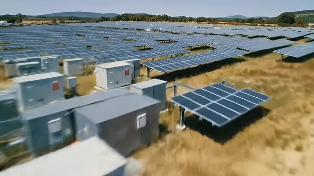 Aerial view shows a solar panel array in a field with small outbuildings nearby