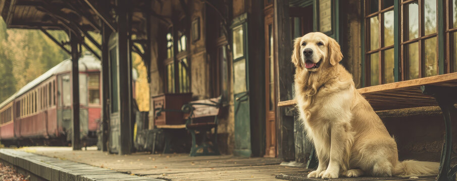 Golden Retriever sits happily on wooden bench at rustic train station, with old fashioned train in background, evoking sense of nostalgia and warmth