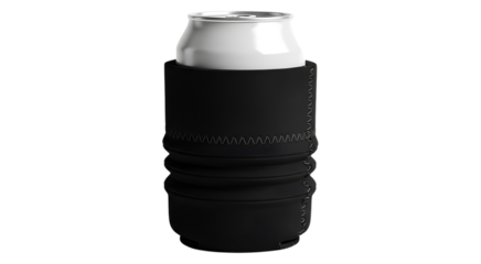 Black neoprene can cooler with a silver can inside isolated on transparent background. A blank koozie mockup template for design. Drink, product, advertising.