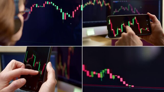 The concept of trading using a phone and a laptop. The woman analyzes graphs, quotes, on the financial market. Cryptocurrency exchange. Collage of charts.
