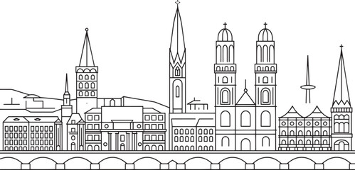 Naklejka premium Detailed Line Art Skyline of a European City with Gothic Architecture and Towering Spires on Transparent