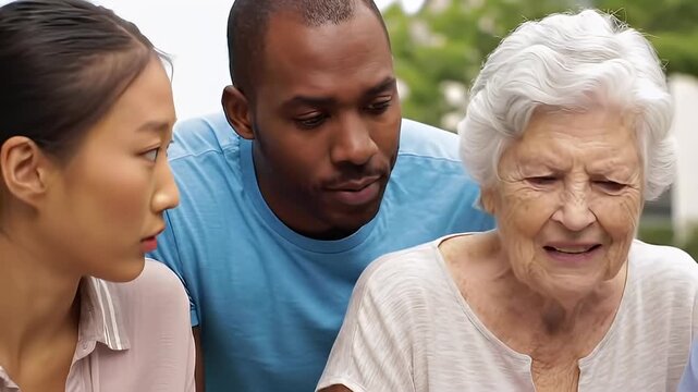 Three people of different ages and ethnicities look intently at something below