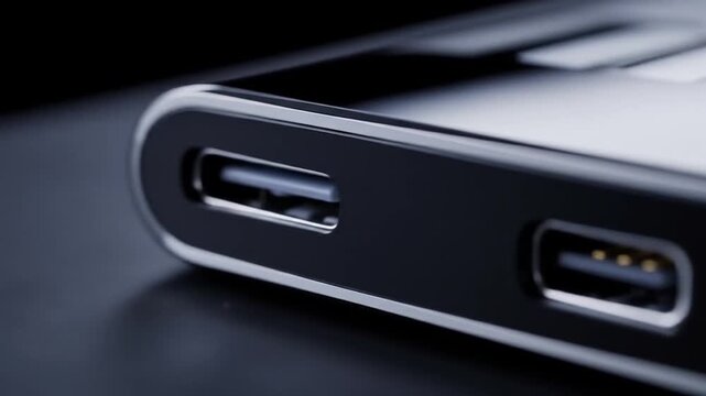 Close-up of a sleek, modern power bank with USB-A and USB-C ports, showcasing its design and connectivity features.
