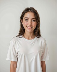 Beautiful young woman smiling in plain white t-shirt on light background