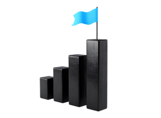  3D black bar graph with a blue flag on top, isolated on a white background. 