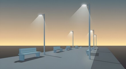 Futuristic bridge with symmetric lighting over still water under pale sky in a quiet industrial scene