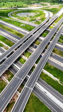 Vertical video aerial view bridge intersection between the highway numbers 290 and 304 Nakhon Ratchasima
