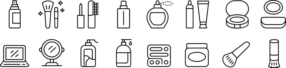 Beauty and makeup icons, cosmetic tools set, skincare products illustration,  skincare products illustration, hygiene items vector, grooming essentials, self-care graphics, editable beauty symbols