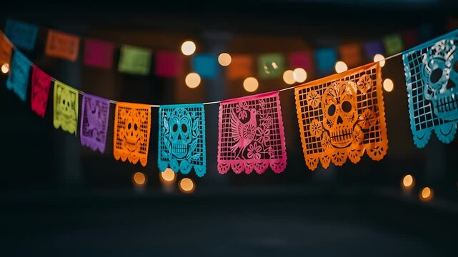 Day of the Dead papel picado banner sways, adorned with skull and bird designs. Mexican holiday concept, celebration background, dia de los muertos decor, festival decor.