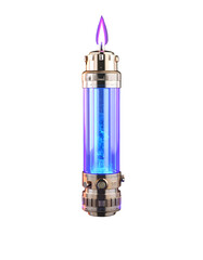 Steampunk futuristic glowing cylinder with flame, energy core, and intricate metal details on transparent background