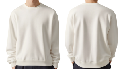 Man wearing a cream crewneck sweatshirt front and back view showcasing casual comfortable apparel for modern men
