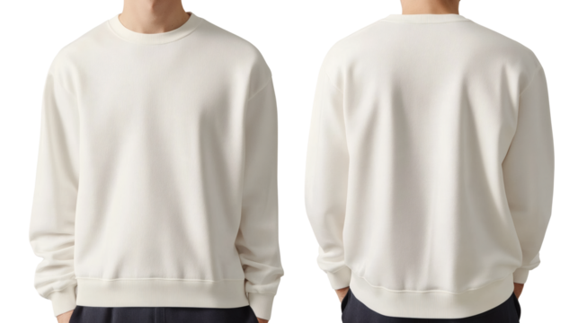 Man wearing a cream crewneck sweatshirt front and back view showcasing casual comfortable apparel for modern men
