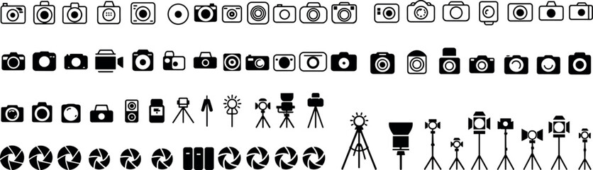 Obraz premium Camera icon set, photography symbols, black and white graphics, aperture diagrams, equipment vector, editable collection, black and white graphics, minimalist design elements, photo illustrations