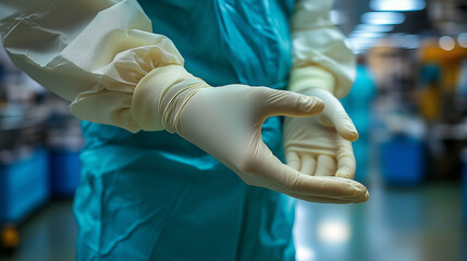 Medical professional in protective gear is preparing to perform a procedure, showcasing gloved hands and sterile environment, emphasizing safety and hygiene in healthcare settings