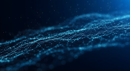Blue abstract network with connected dots forming a wave pattern on a dark background