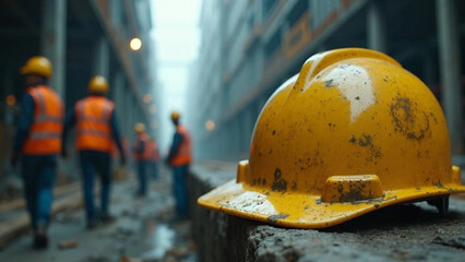 Yellow hardhat on construction site. Close up. 