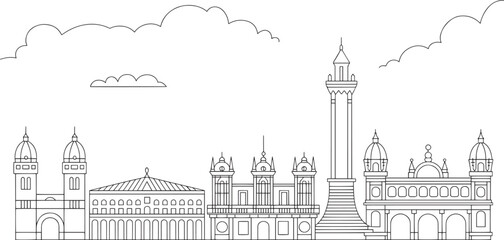 Fototapeta premium Detailed Linear Skyline of a European City with Clouds on a Transparent Background Vector Illustration