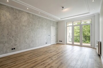 Fototapeta premium Modern empty room with concrete wall and large window overlooking greenery