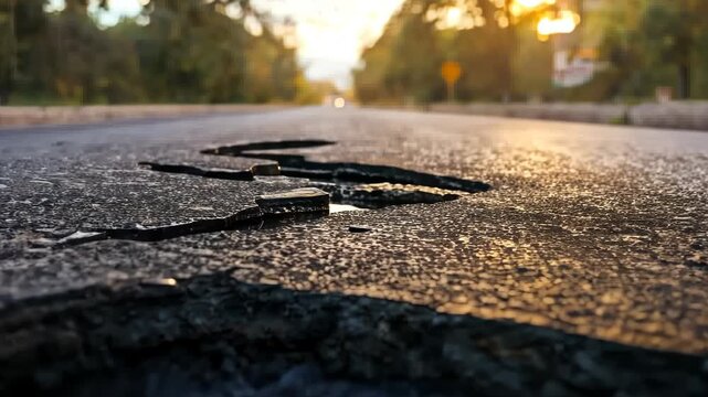 Damaged Asphalt Road Surface at Sunset