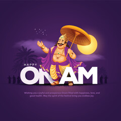 South India Kerela festival happy Onam celebration greetings with king mahabali. Creative vector illustration design.
