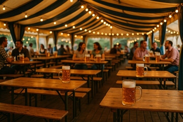 Beer tent with long wooden tables and glasses of beer