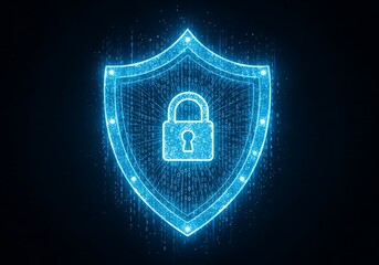 Digital security shield with padlock and binary code