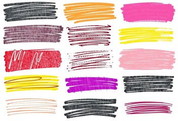 Collection of textured strikethrough, underline, and brush stroke markers; crossed scribble lines on white, cancel, pattern