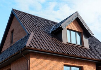 Fototapeta premium Brown metal roof tiles on a residential building.